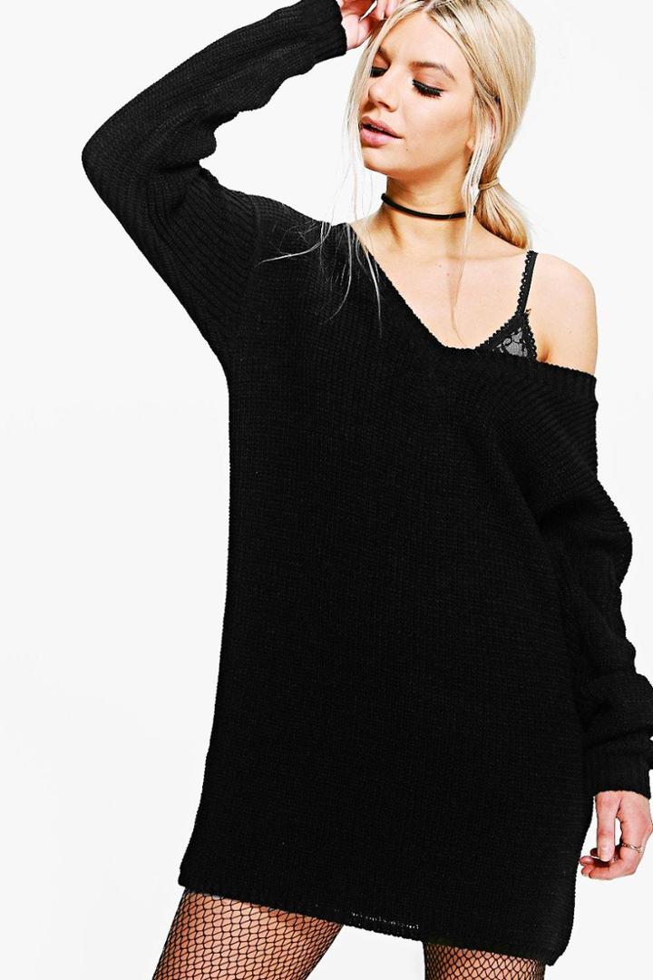 Boohoo Erin Rib V-neck Jumper Dress Black