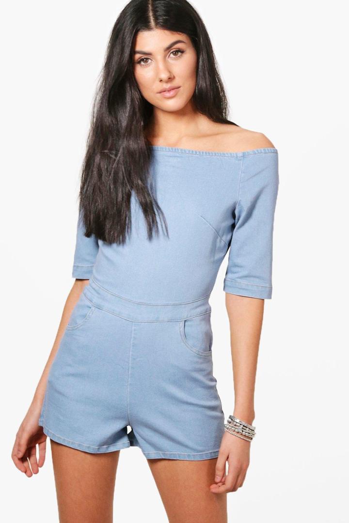 Boohoo Burney Off The Shoulder Denim Playsuit Blue