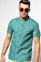 Boohoo Polka Dot Print Short Sleeve Grandad Collar Shirt Green