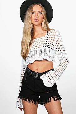 Boohoo Olivia Crochet Bell Sleeve Crop Knit