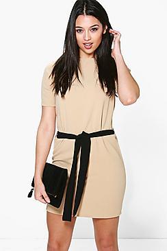 Boohoo Cassie Tie Waist Woven Shift Dress