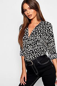 Boohoo Animal Print Pocket Detail Collarless Blouse