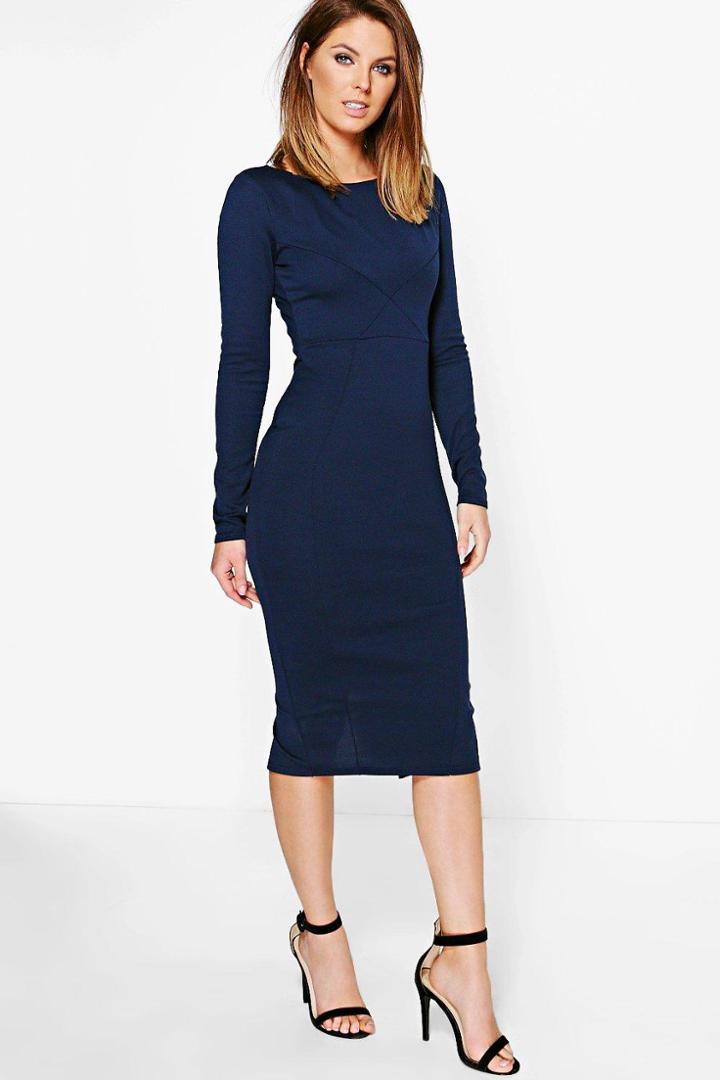 Boohoo Ita Pleat Structured Top Detail Midi Dress Navy