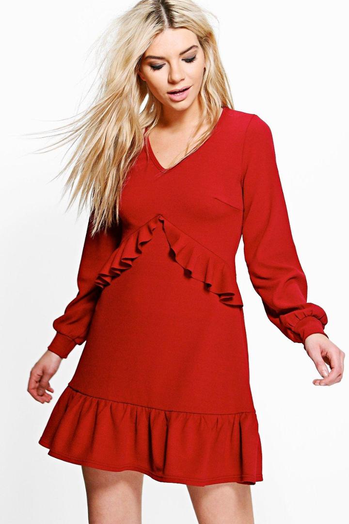 Boohoo Jian Long Sleeve Ruffle Tea Dress Berry