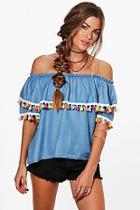 Boohoo Leslie Tassel Trim Denim Top