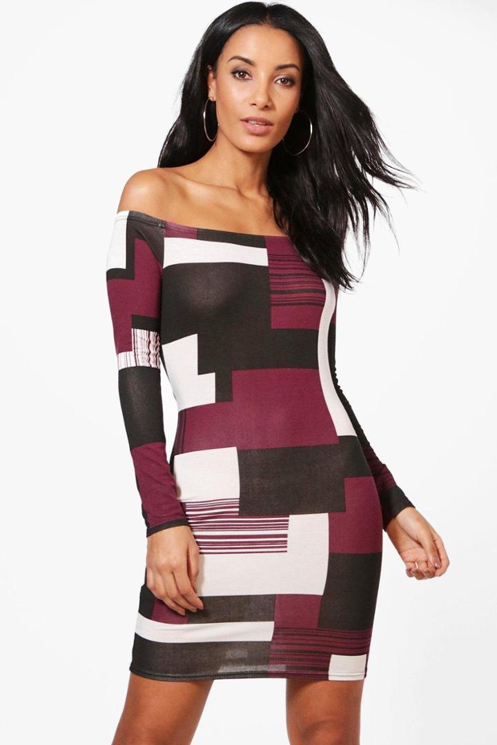 Boohoo Maria Off Shoulder Bodycon Dress Multi