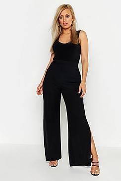 Boohoo Plus High Waist Ribbed Split Side Wide Leg Trouser