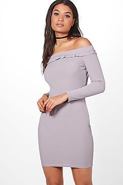 Boohoo Lucy Ruffle Rib Off The Shoulder Dress