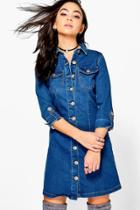 Boohoo Inga 3/4 Sleeve Denim Button Through Dress Indigo