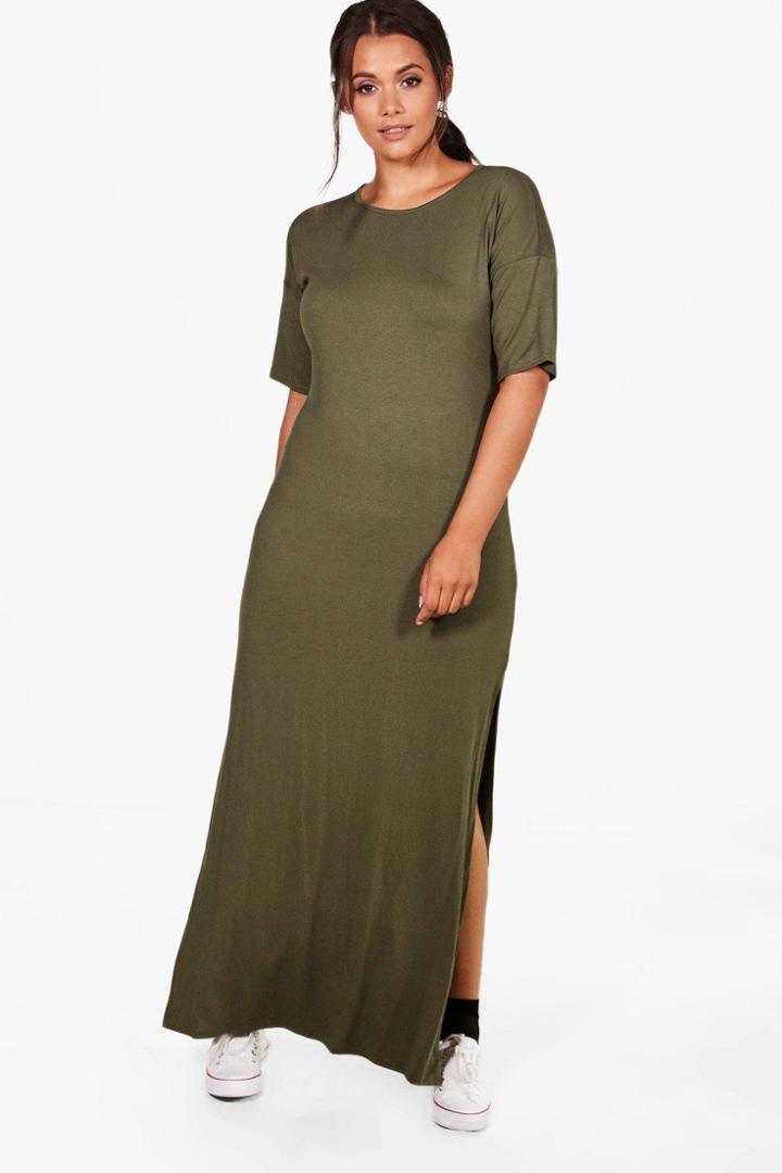 Boohoo Plus Nadia Drop Sleeve Side Split Maxi Dress Khaki