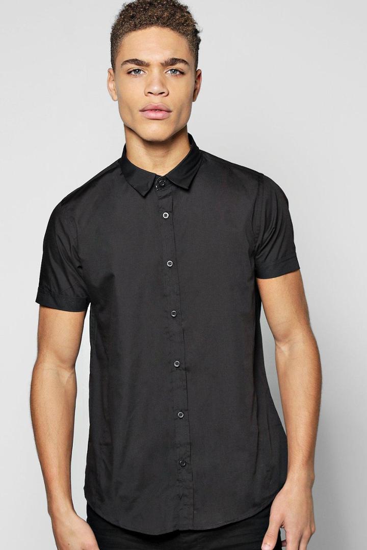 Boohoo Poly Cotton Short Sleeve Shirt Black