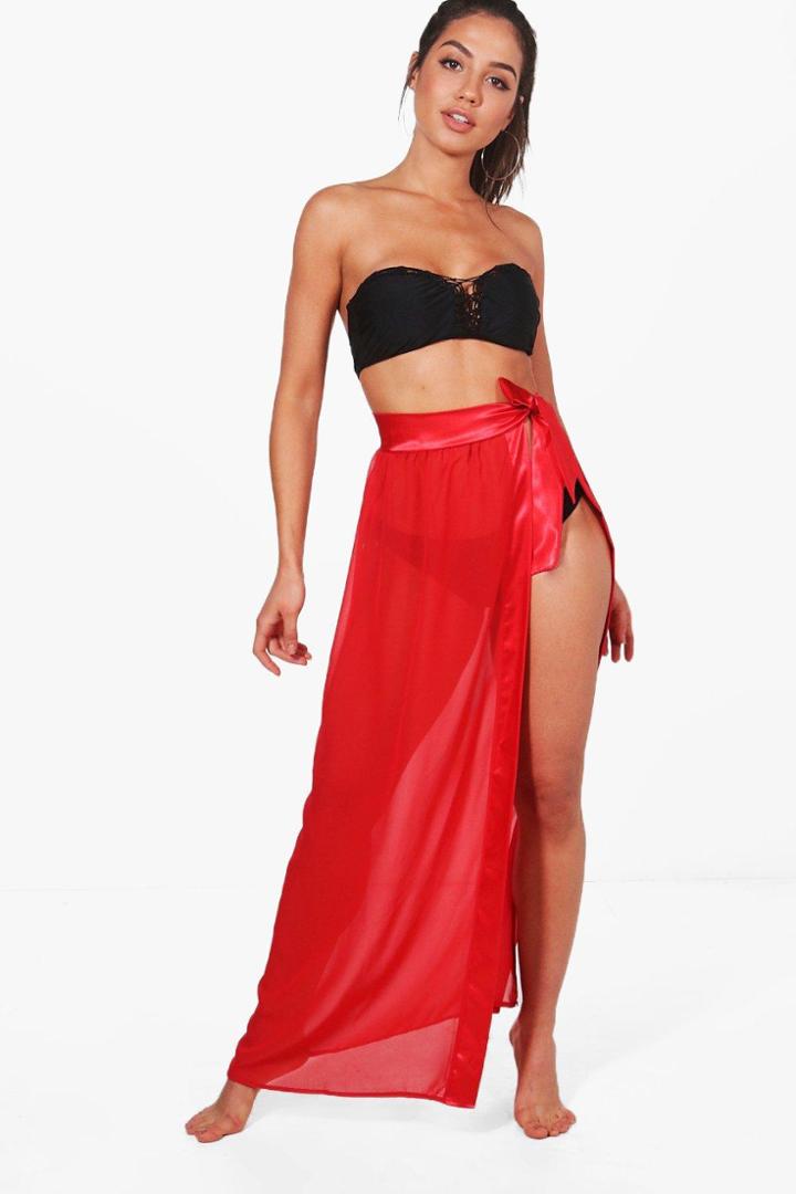 Boohoo Eve Satin Tie Beach Sarong Red