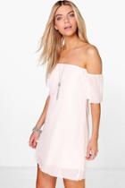 Boohoo Mishi Off Shoulder Pleat Shift Dress Nude