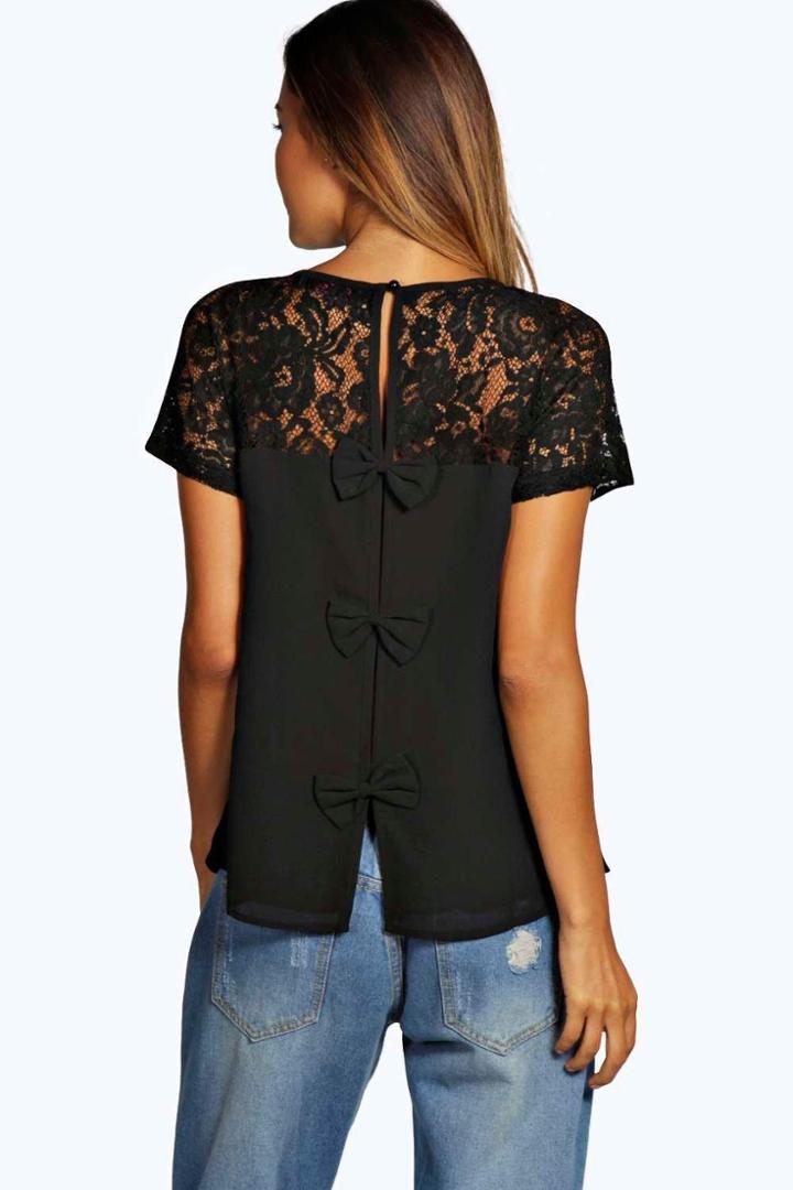 Boohoo Hattie Lace Yoke Bow Back Woven Shell Top Black