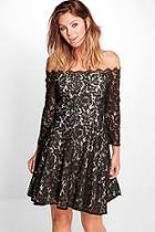 Boohoo Mia Eyelash Lace Off Shoulder Skater Dress