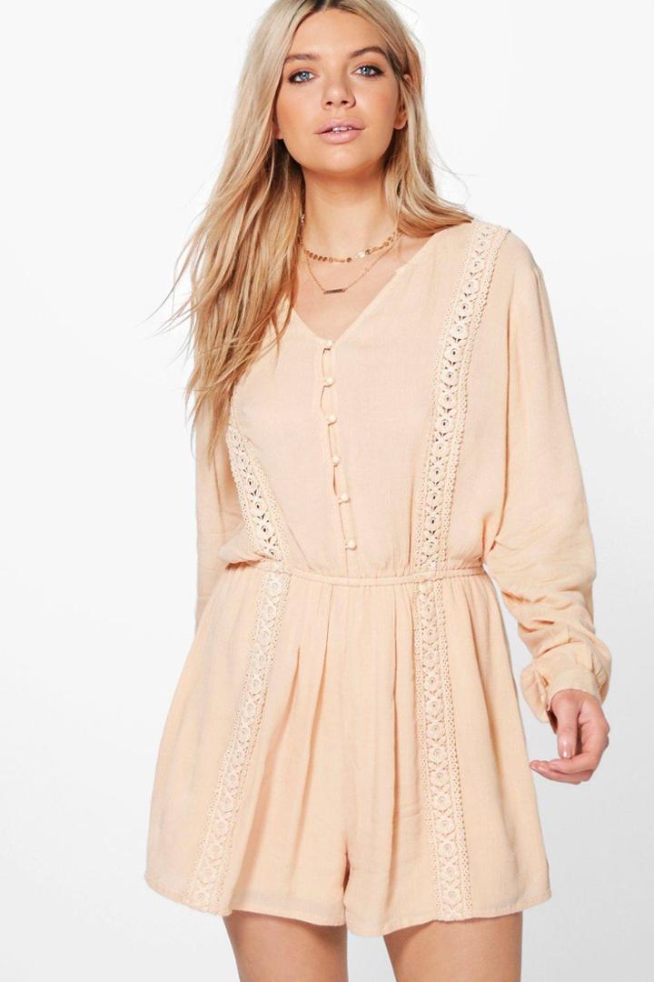 Boohoo Amelia Crochet Trim Playsuit Stone