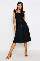 Boohoo Linen Ruffle Strap Button Midi Skater Dress