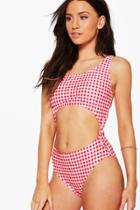 Boohoo Mallorca Gingham Tie Side Bathing Suit Red