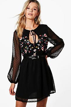 Boohoo Spencer Embroidered Spot Chiffon Skater Dress