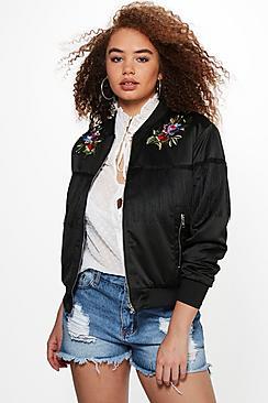 Boohoo Plus Lara Floral Applique + Tassle Bomber Jacket