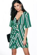 Boohoo Liliane Stripped Tie Front 1/2 Sleeve Dress Green