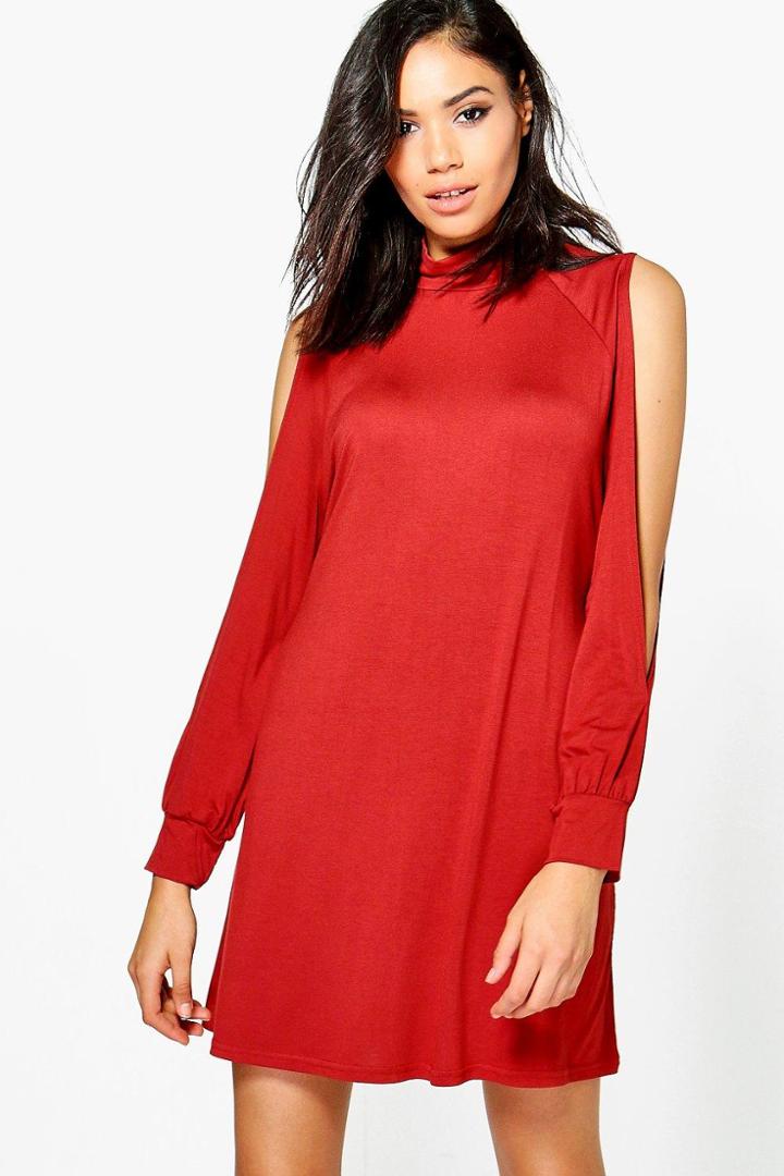 Boohoo Hedda High Neck Split Sleeve Swing Dress Chestnut