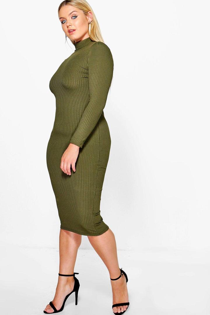 Boohoo Plus Nina High Neck Ribbed Midi Dress Khaki