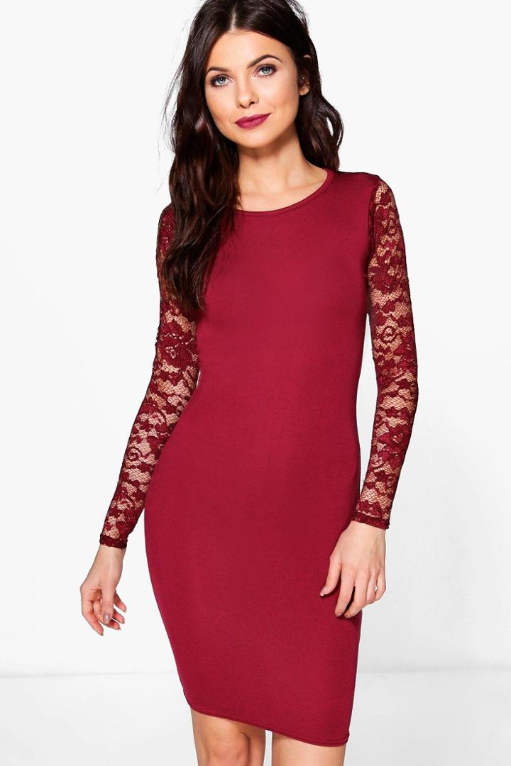 Boohoo Petite Ellie Lace Sleeve Bodycon Dress Wine