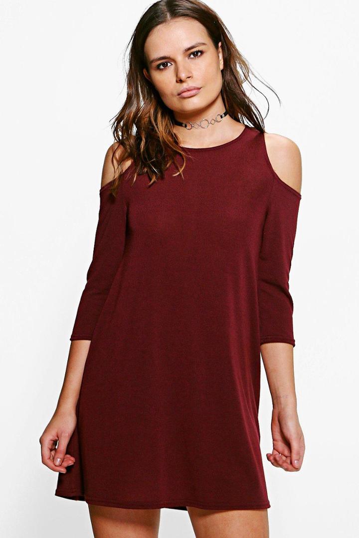 Boohoo Saffy Cold Shoulder Knitted Swing Dress Wine