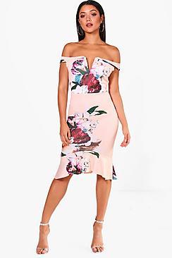 Boohoo Amanda Floral Bardot Frill Hem Midi Dress