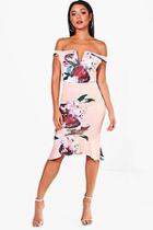 Boohoo Amanda Floral Bardot Frill Hem Midi Dress