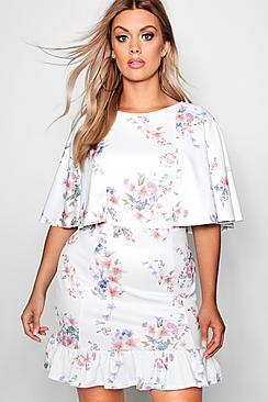 Boohoo Plus Amy Floral Cape Detail Frill Hem Dress