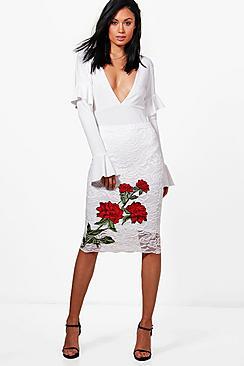 Boohoo Lara Large Embroidery Lace Midi Skirt