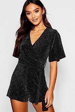 Boohoo Petite Sparkle Tie Waist Playsuit