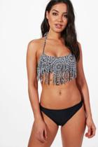 Boohoo Bahamas Tile Print Fringed Contrast Bikini Black