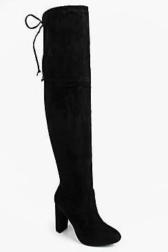 Boohoo Mia Block Heel Lace Up Back Over Knee Boot
