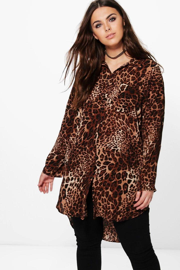 Boohoo Plus Elsa Leopard Print Oversized Shirt Multi