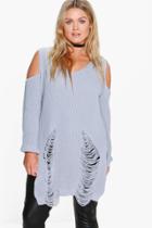 Boohoo Plus Shona Distressed Open Shoulder Jumper Grey