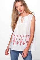 Boohoo Maria Embroidered Woven Tunic Top Red