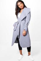 Boohoo Kerry Belted Wool Coat With Tie Cuff Detail Grey