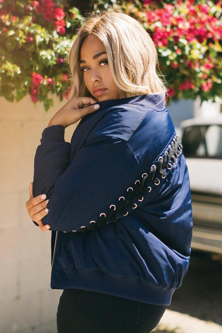 Boohoo Jordyn Eyelet And Lace Up Bomber Jacket Midnight