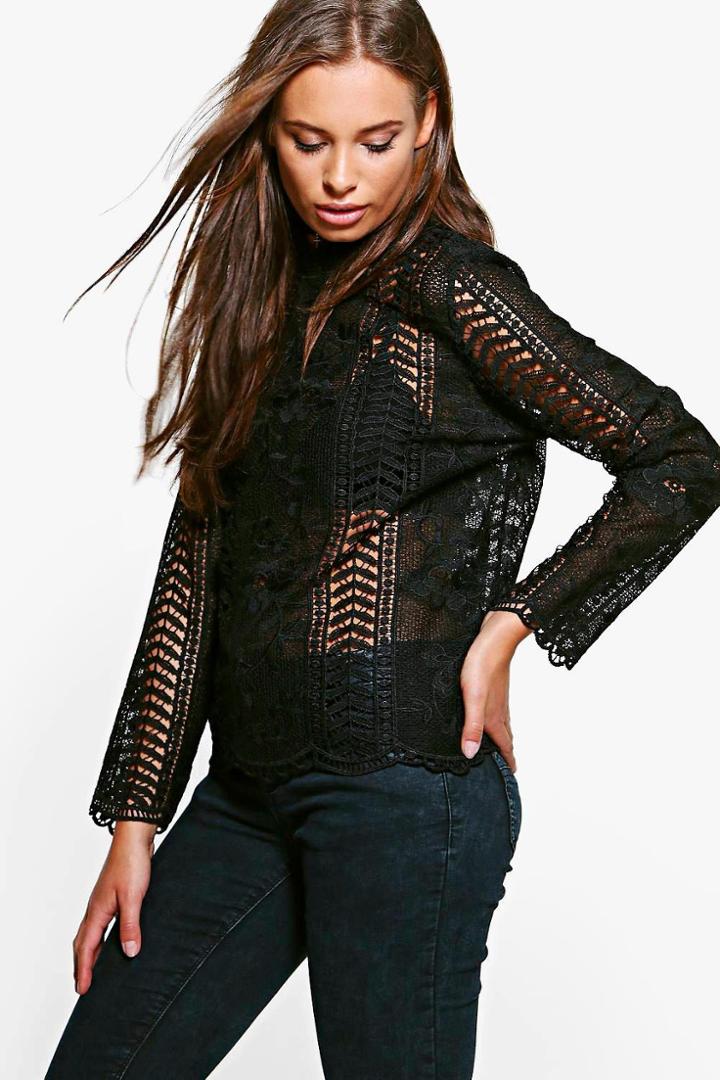 Boohoo Emma Lace Victorian Top Black
