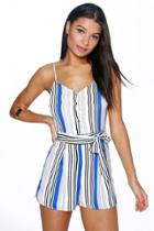 Boohoo Bella Belted Striped Cami Playsuit Blue
