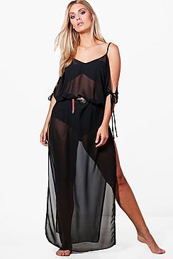 Boohoo Plus Ella Tie Sleeve Split Maxi Beach Dress