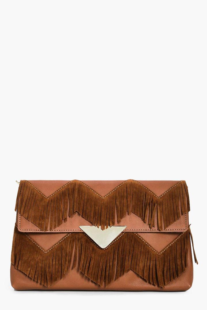 Boohoo Sofia Suedette Fringed Clutch Bag Tan