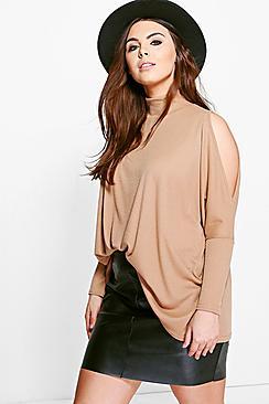 Boohoo Plus Alicia High Neck Cold Shoulder Batwing Top