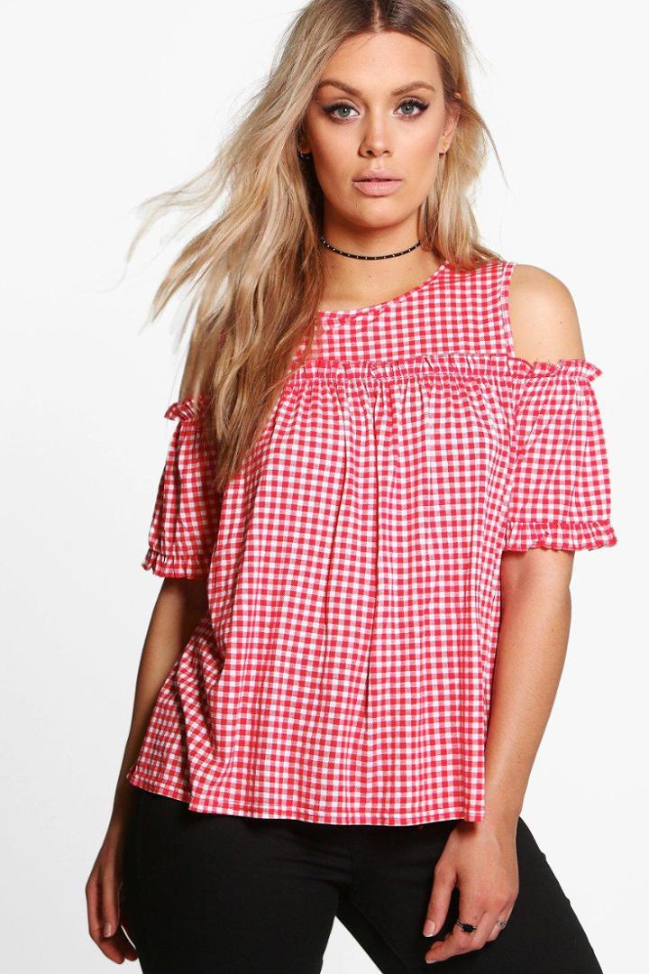 Boohoo Plus Zoe Gingham Cold Shoulder Ruffle Top Red