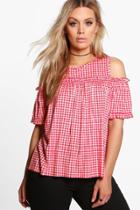 Boohoo Plus Zoe Gingham Cold Shoulder Ruffle Top Red