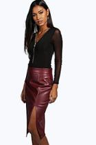 Boohoo Heidi Side Split Leather Look Midi Skirt