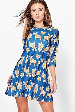 Boohoo Petite Millie Reindeer Printed Swing Dress